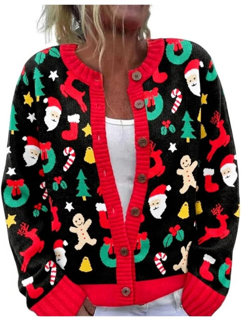 Women’s Black Red Cookie Cutter Ugly Christmas Cardigan Sweater